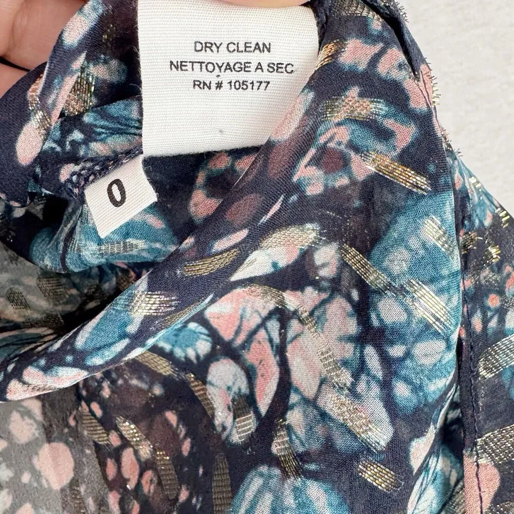 Ulla Johnson Isadora Sill Lurex Indigo Blue Sheer Floral Ruffle Blouse Size 0